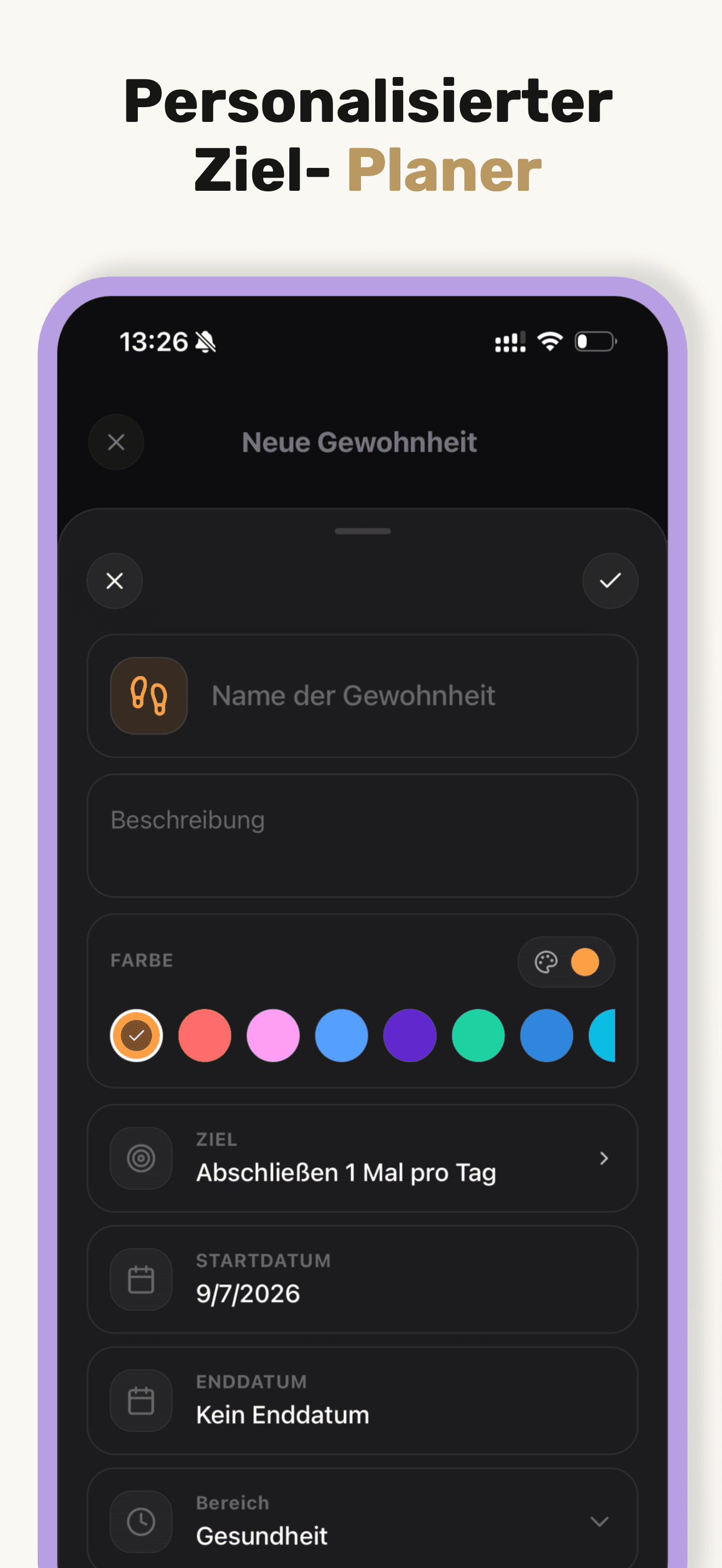 Neue Gewohnheit anlegen — Name, Ziel und Bereich