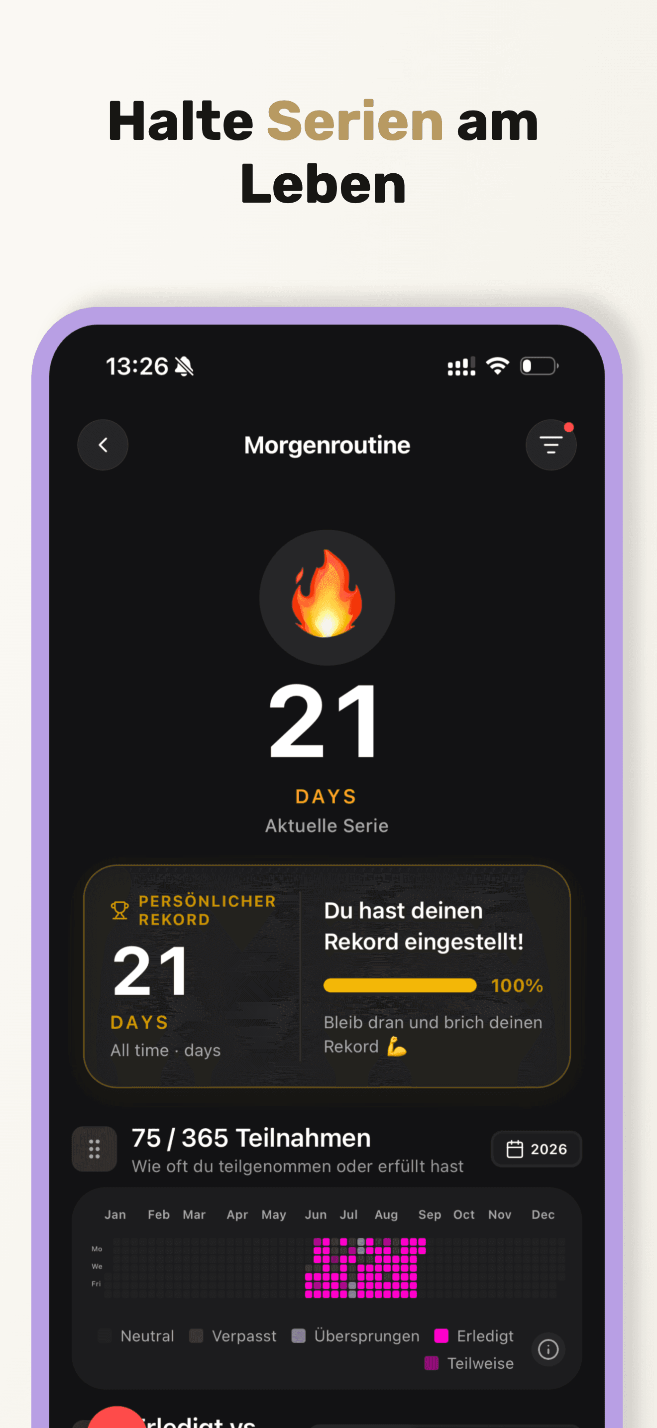Streaks und persönlicher Rekord — die Serie schützen