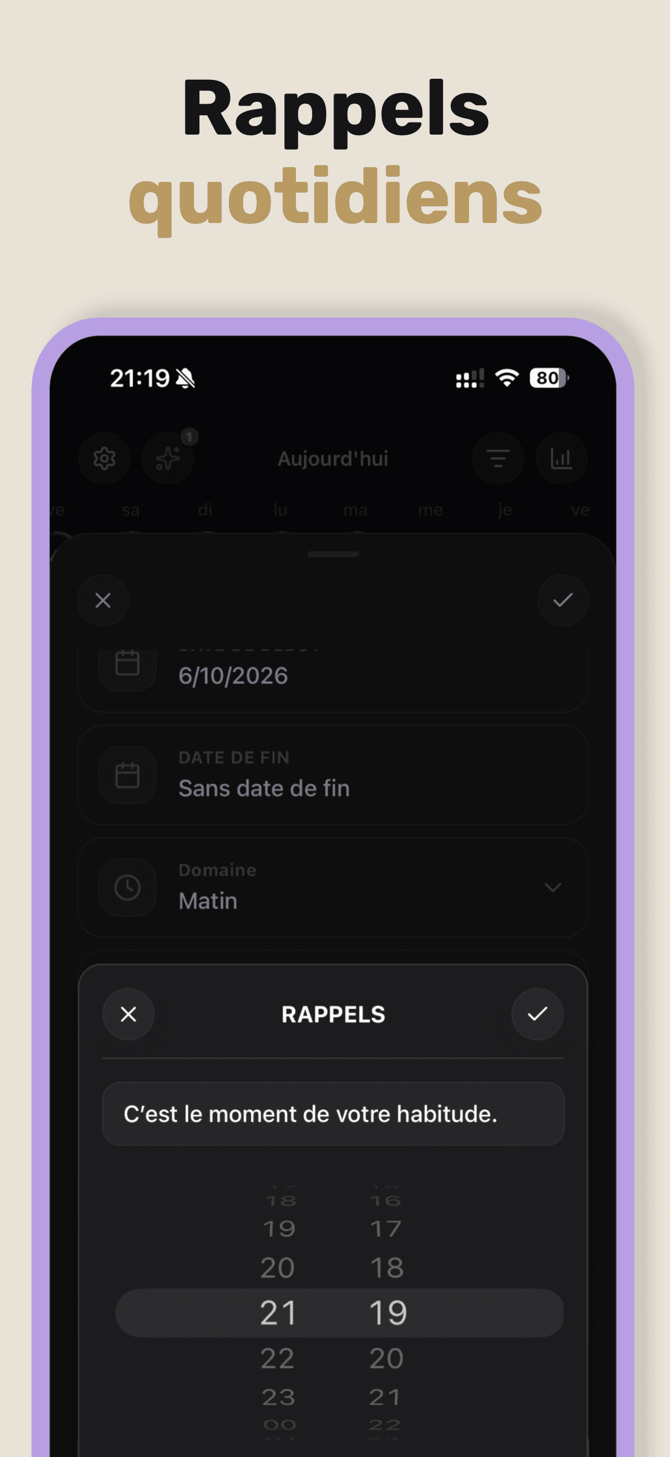 Application d'habitudes avec des rappels que tu programmes